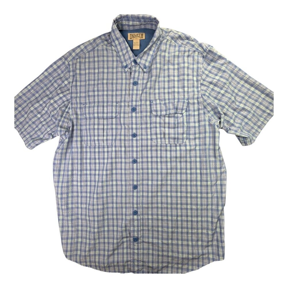 Duluth Shirt Mens XL T Blue Plaid Button Up Vented Pocket Hiking Fishing Casual